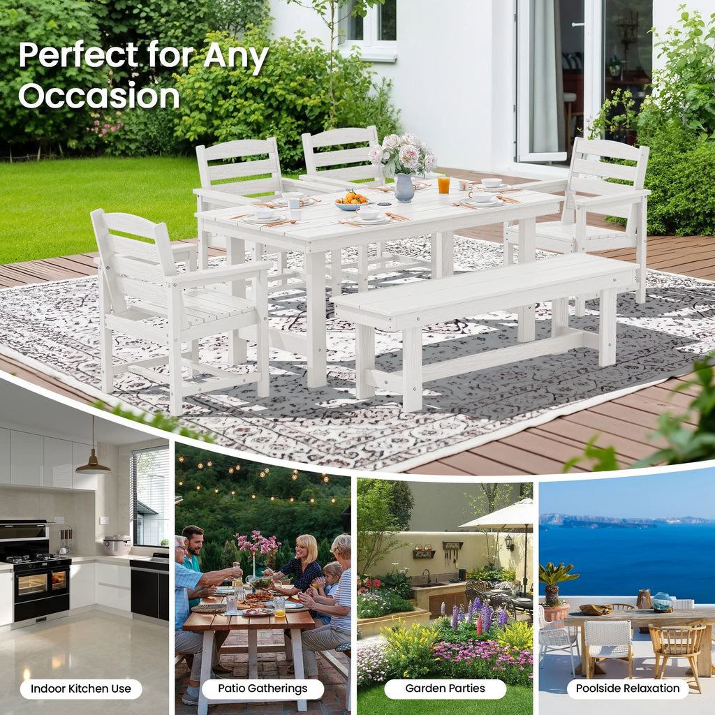 KINGYES 7-Piece Outdoor Dining Set, HDPE Patio Table and Chairs with Umbrella Hole, Gray