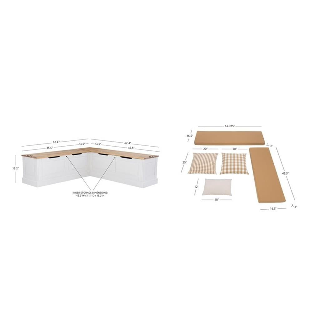 Pemberly Row Natural White Wood Nook With Green Polyester Fabric Cushions