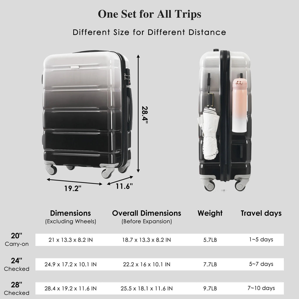 PAPROOS 3-Piece Luggage Set (20''/24''/28''), Hardshell Lightweight Suitcase with USB Port and Side Hooks, Travel Luggage with TSA-Lock, Hardside Rolling Luggage for School, Travel, Pink