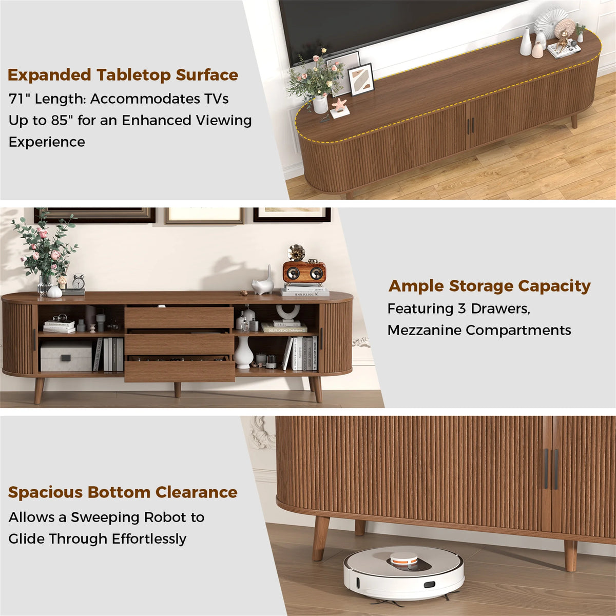 Planntonneo Mid-Century Modern Fluted TV Stand Wooden Media Console Entertainment Center for Living Room, Walnut Color