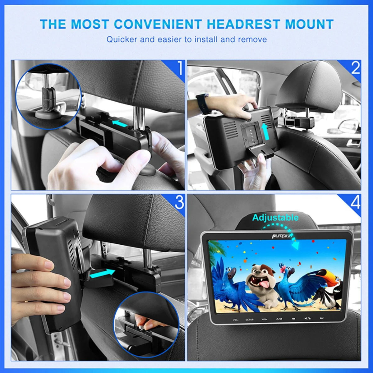 Pumpkin 10.1 Dual Headrest DVD Players for Car with Headphones, 2 Mount Brackets HDMI Input Region Free Last Memory
