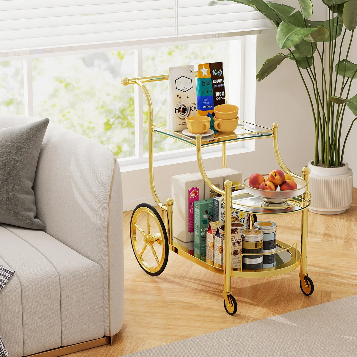 Gymax 3-Tier Home Bar Serving Cart on Wheels w/ Mirrored Shelves for Kitchen