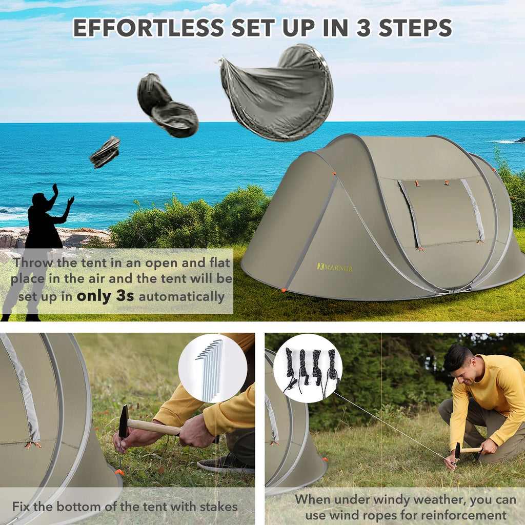 MARNUR Instant Tent 4-Person Camp Tent, Auto Setup Pop Up Tent, Pordable, Huge Door & Windows, Dark Blue