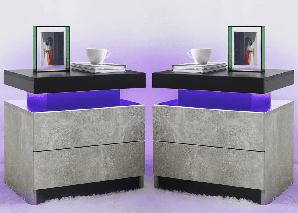 LED Nightstand Set of 2, Modern Bedside Table with 2 Drawers Storage Space, Adjustable Colors LED Light, Black