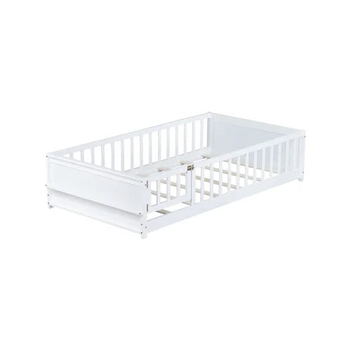 Bellemave Twin Size Floor Bed with Fence, Montessori Floor Twin Bed with Built-in Book Rack, Solid Wood Twin Bed with Slats and Safety Guardrails, Natural