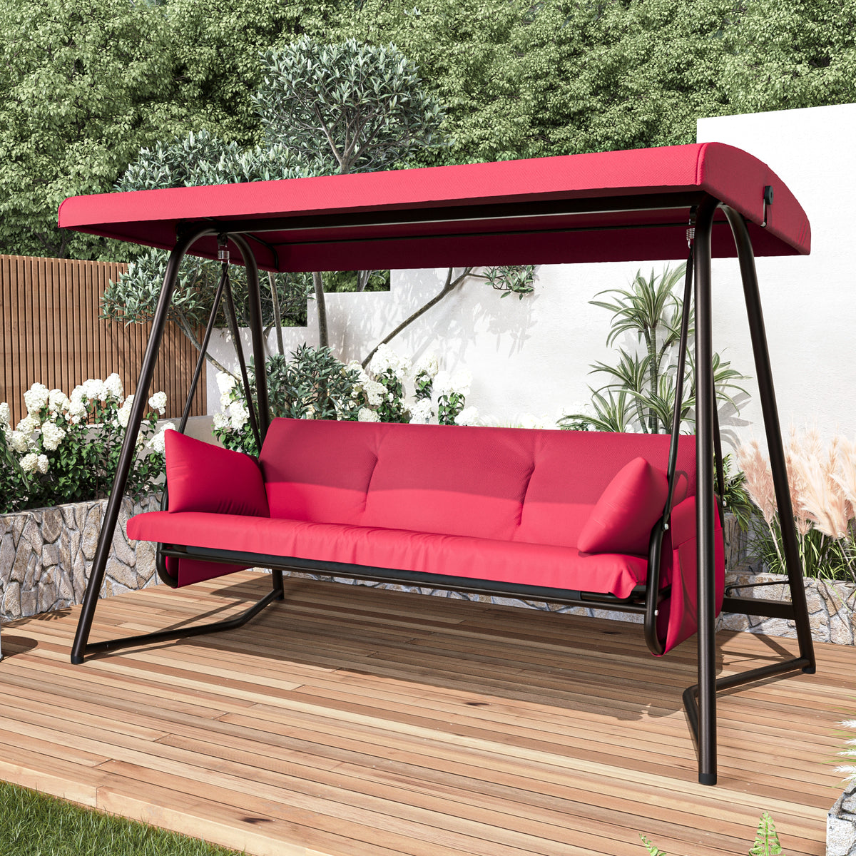 CHINNLUU Oversized 4 Person Porch Swing with Stand 800 LBS Capacity Adjustable Canopy Backrest Includes Cushions Pillows Patio 2 in 1 Swing Bed for Backyard Garden Poolside, Champagne