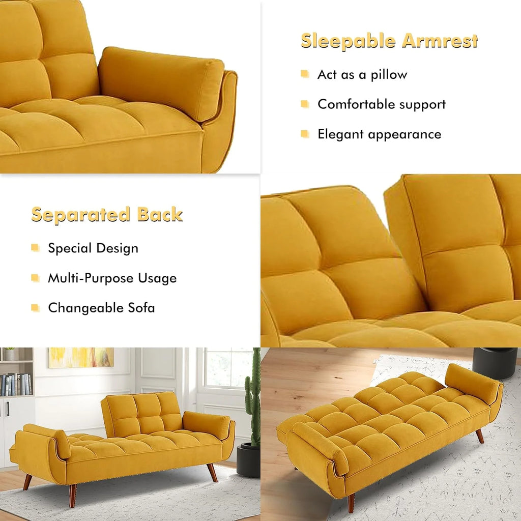 Mydepot Convertible Futon Sofa Bed, Adjustable Couch Sleeper Modern Fabric Recliner Reversible Loveseat Folding Daybed Guest Bed, Armrests, Yellow