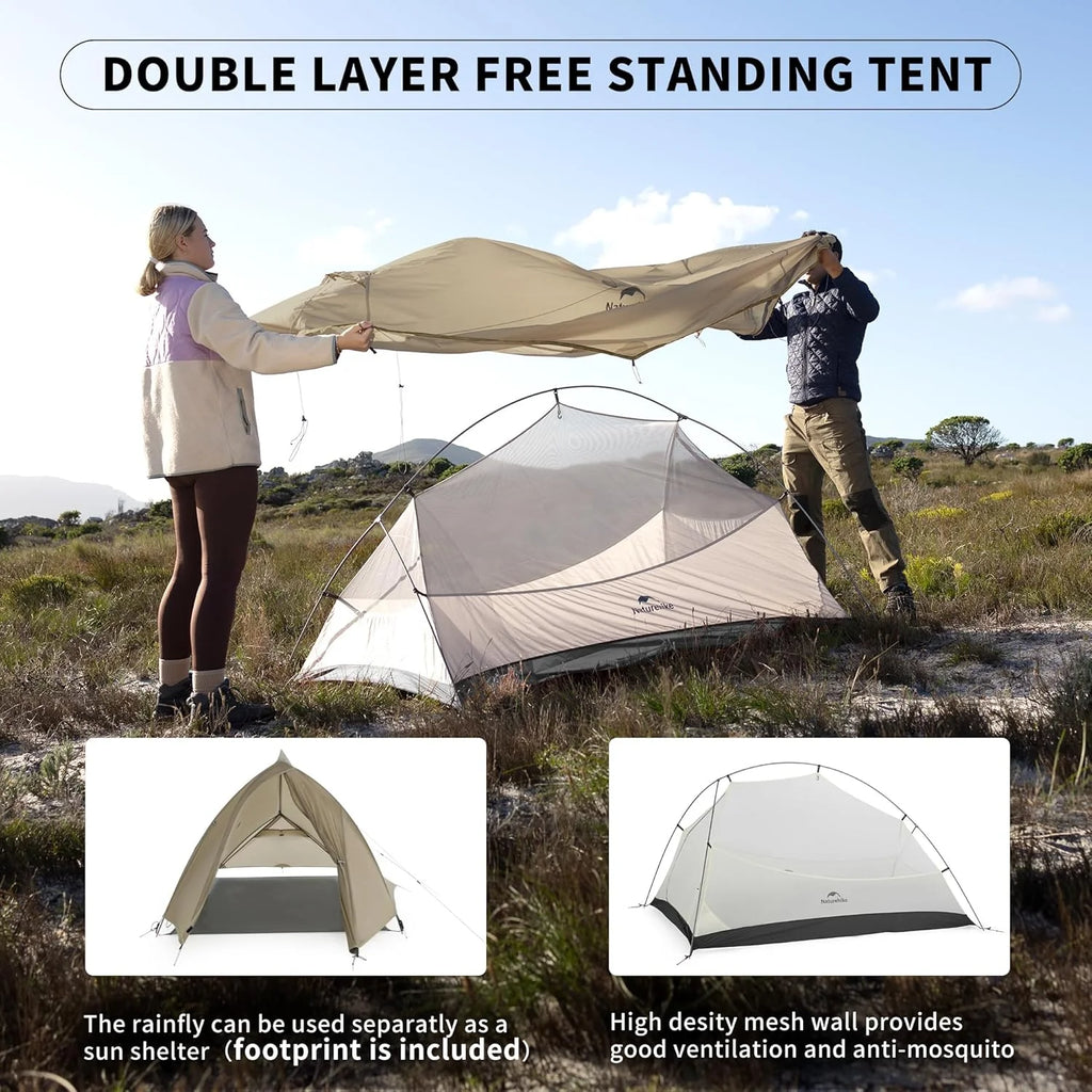 Naturehike 2 Person Tent Lightweight Backpacking Tent with Footprint - Free Standing Ultralight Camping Hiking Backpack Tents, 7.22 5.25ft, Sand