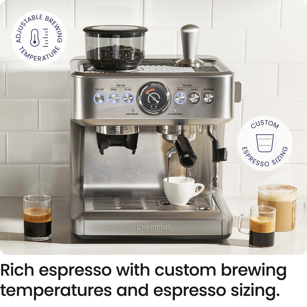 Chefman Crema Supreme Espresso Machine with Conical Burr Grinder and Steam Wand Stainless Steel, New