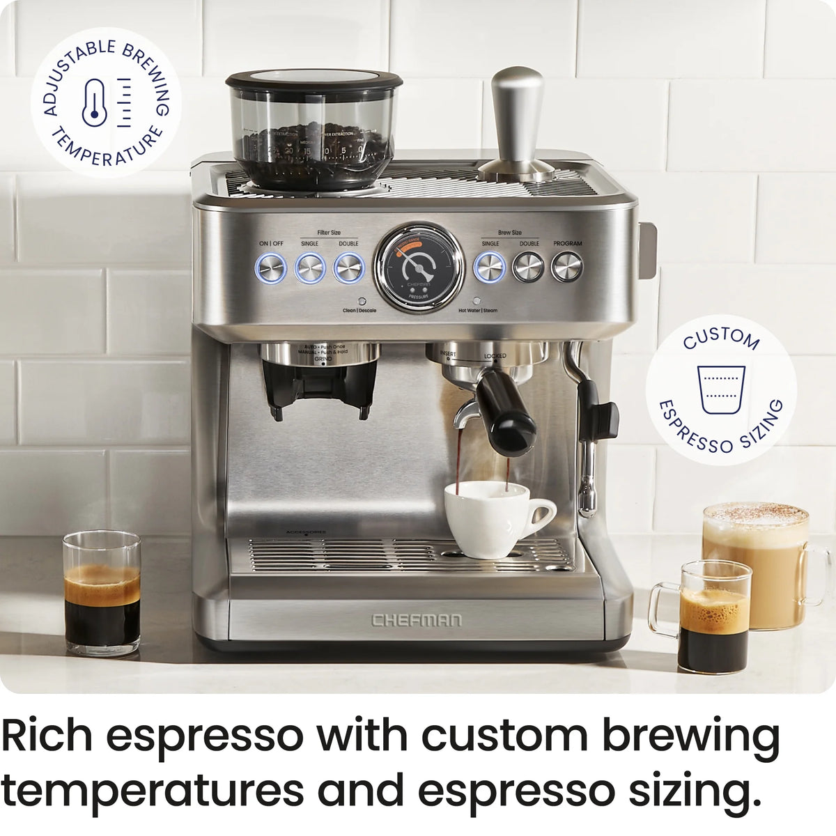 Chefman Crema Supreme Espresso Machine with Conical Burr Grinder and Steam Wand Stainless Steel, New