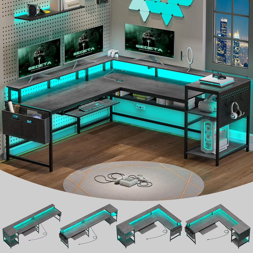 SEDETA L Shaped Gaming Desk, Reversible Computer Desk, Gaming Desk with Power Outlets & LED Strip, Monitor Shelf, Keyboard Tray, Pegboard and Storage Shelves for Home Office, Black