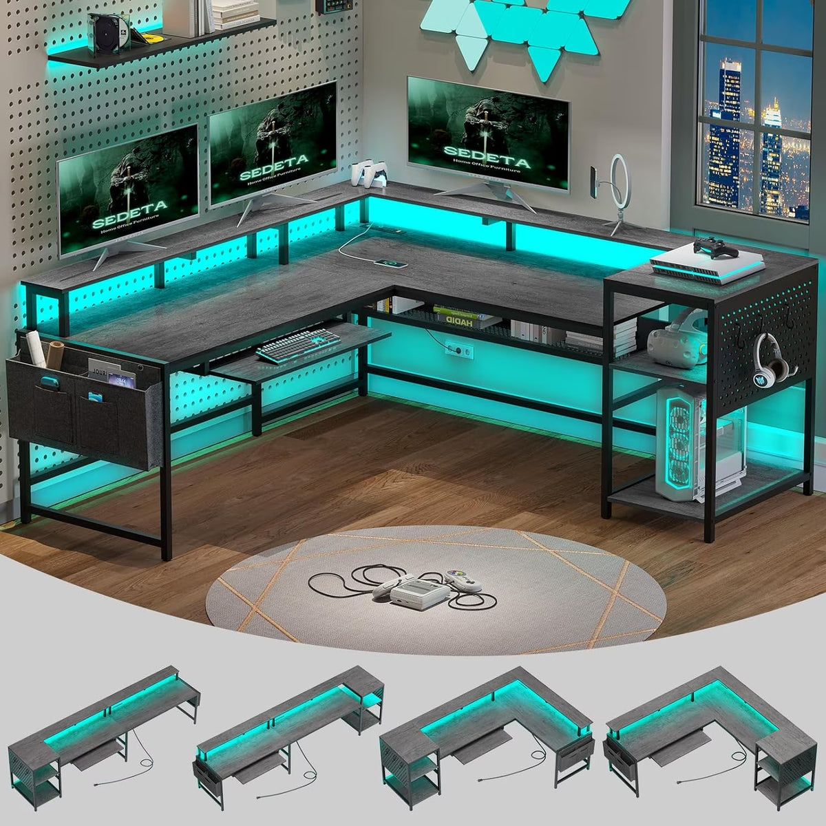 SEDETA L Shaped Gaming Desk, Reversible Computer Desk, Gaming Desk with Power Outlets & LED Strip, Monitor Shelf, Keyboard Tray, Pegboard and Storage Shelves for Home Office, Black