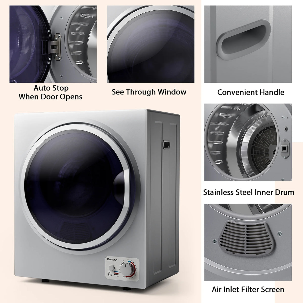 Costway Electric Tumble Compact Laundry Dryer Stainless Steel Wall Mounted 1.5 cu .ft.