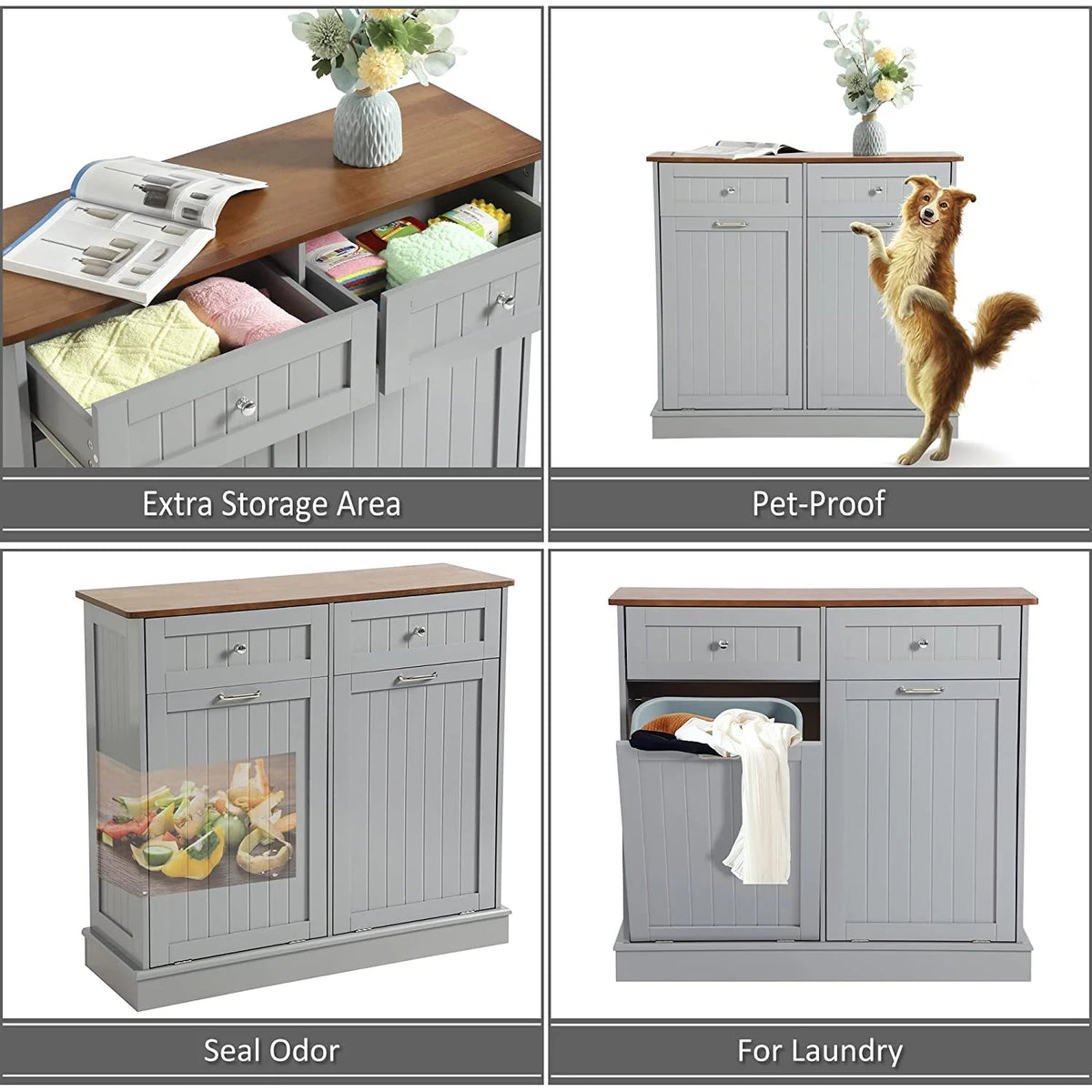 KIGOTY Dual Kitchen Trash Cabinet, Double Tilt Out Trash Can Cabinet with Countertop and Drawer, Free-Standing Pet Proof Recycling Cabinet Garbage Can Holder, Wood (White)