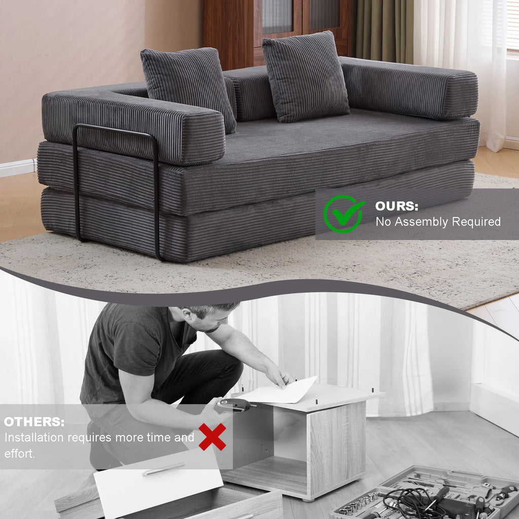 Taicans Convertible Floor Sofa Bed - 3 Seats Foldable Corduroy Futon Couch w/Pillow Support,Space-Saving Guest Bed for Living Room,Dorm,No Assembly Compressible Foam Mattress (Gray,76.7Inch L)