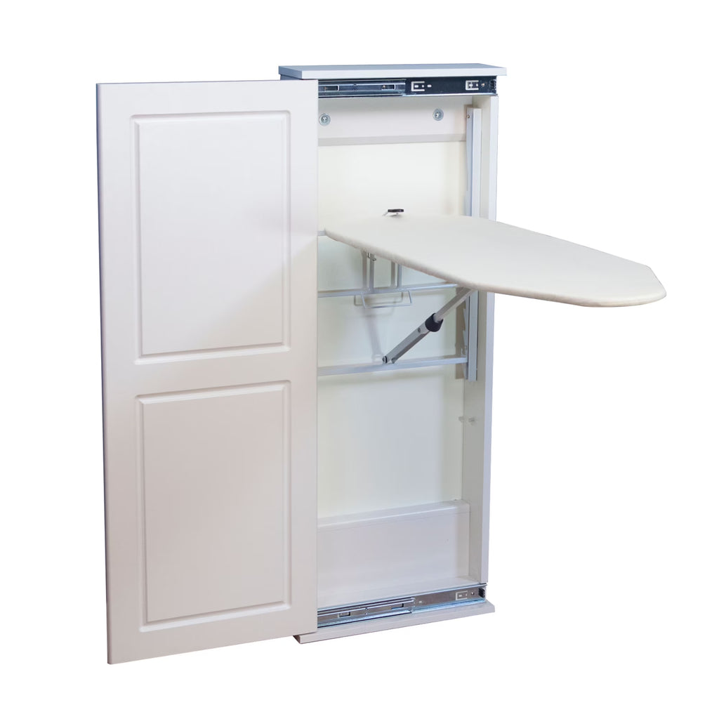 Household Essentials Iron n Fold Wall Ironing Board Cabinet, Built-In Ironing Board, Sturdy MDF, Melamine Cabinet, 7 Height Settings, Mounts Securely to Wall, Includes Pad with Cover, White