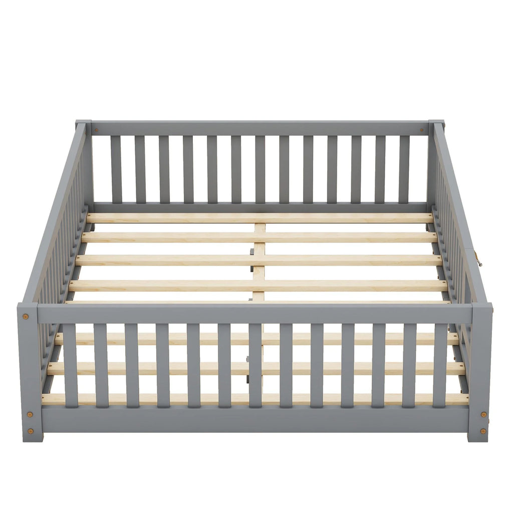 Bellemave Full Size Floor Bed with Door and Fence Floor Bed with Bed Slats Sturdy Wood Floor Bed Montessori Bed Frame (Full, Pink)