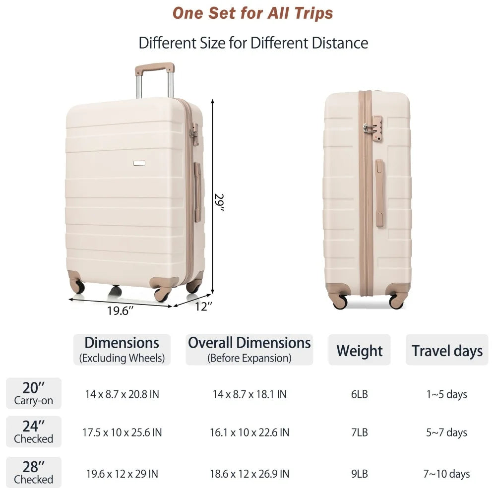 Luggage Sets 4 Piece,  ABS Durable Suitcase with Travel Bag, Carry On Luggage Suitcase Set with 360 Spinner Wheels