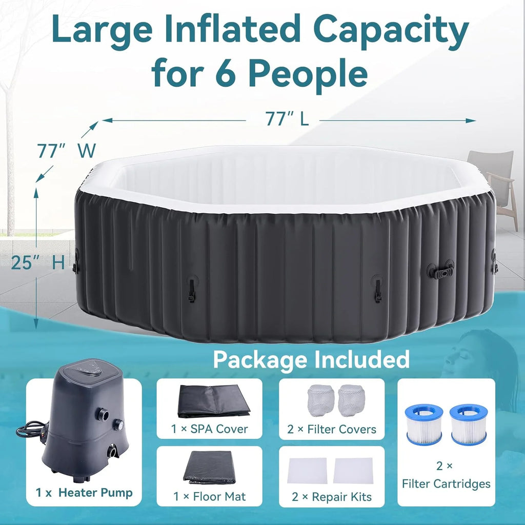 4-6 Person Inflatable Hot Tub, Large Polygon Portable Blow up Hot Tub, Leak-Proof PVC Outdoor Spa with 130 Air Jets, Insulated Cover and Heater Pump, 77 X 77 X 25