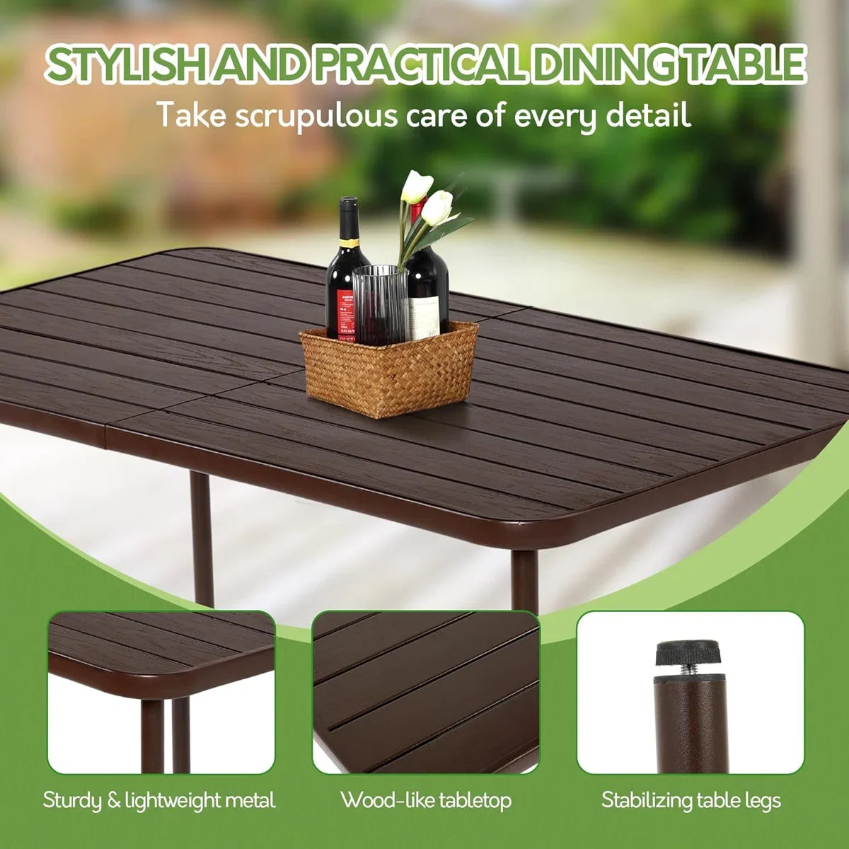 Seizeen Outdoor Dining Set for 6, Plastic Wood Patio Furniture Set with Steel Frame, Space-saving Dining Table and Chairs Stockable Design, All-weather Porch Garden Yard Conversation Furniture, Black