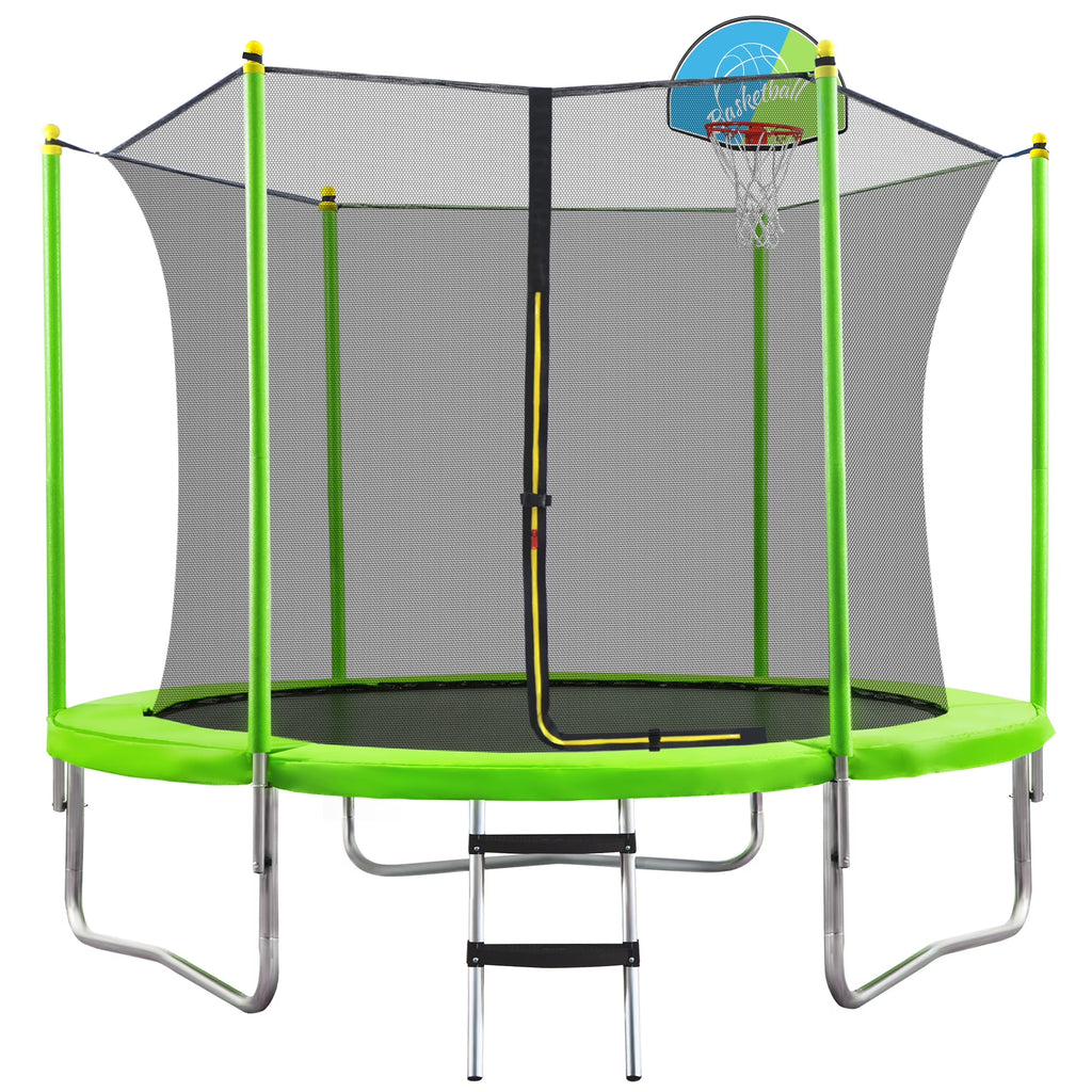 EUROCO  8FT Trampoline for Kids with Safety Enclosure Net, Basketball Hoop and Ladder, Easy Assembly Round Outdoor Recreational Trampoline