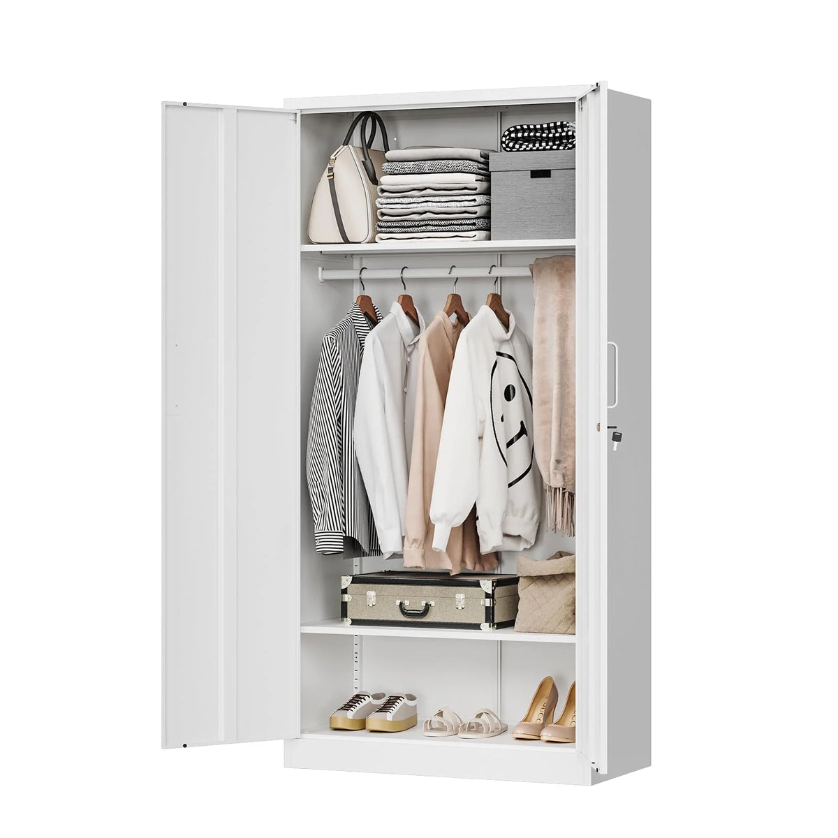 STANI Metal Locker Storage Cabinet, Employees Locker with Hanging Rod Bar, 71 Black Tall Steel Wardrobe for Home, School, Office (Assembly Required)