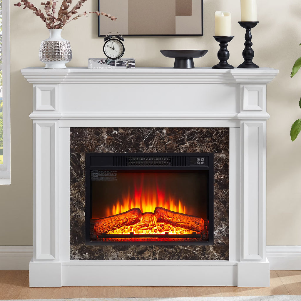 IMKHK Fireplace with Mantel, 46" Freestanding Electric Fireplace Heater with Stacked Stone Surround, TV Stand with Fireplace, Remote Control, Adjustable Flame Level for Living Room, 1400W, Brown