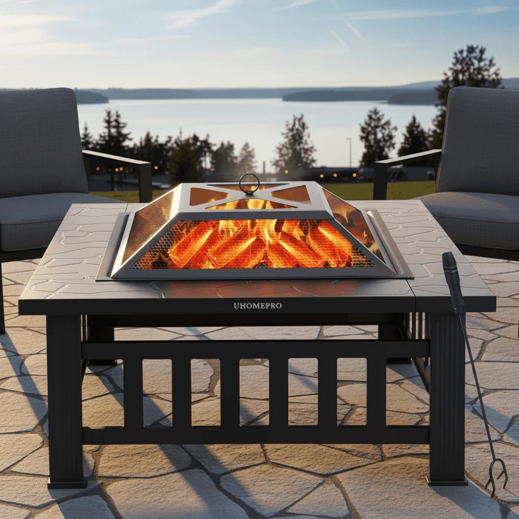 Fire Pits for Outside, UHOMEPRO 32" Square Iron Fire Pit Backyard Patio Garden Stove Wood Burning Fire Pit w/ BBQ Net, Waterprrof Cover, Mesh Screen Lid, Wood Grate, Poker, Durable Fire Pit