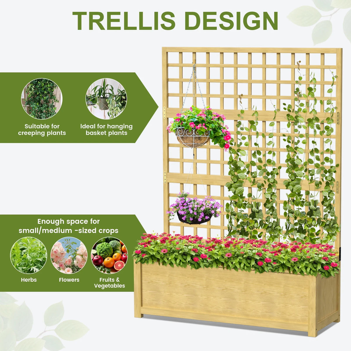 Slsy 63" Screen Raised Garden Bed, Wooden Planter Box with Hanging Roof & Drainage Holes, Indoor Outdoor Elevated Planter for Vine, Climbing Plants, Flowers, Patio & Garden