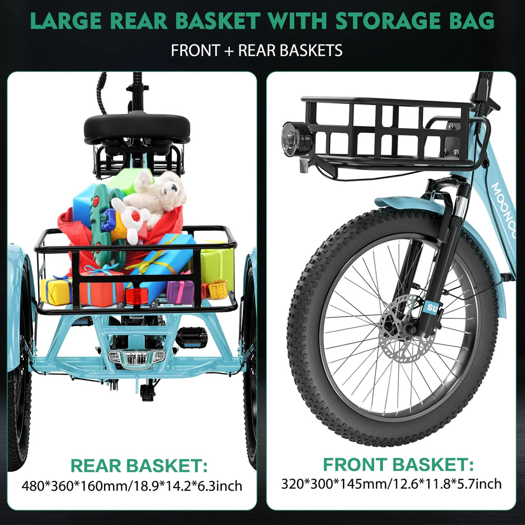 MOONCOOL TK1 Folding Electric Tricycle for Adults,48V 14.5Ah Removable battery, 500W Peak 1000w Motor, 20" Fat Tire Step-Thru 3Wheel Electric Bicycle w/Front&Rear Baskets, Certified to UL 2849 by SGS