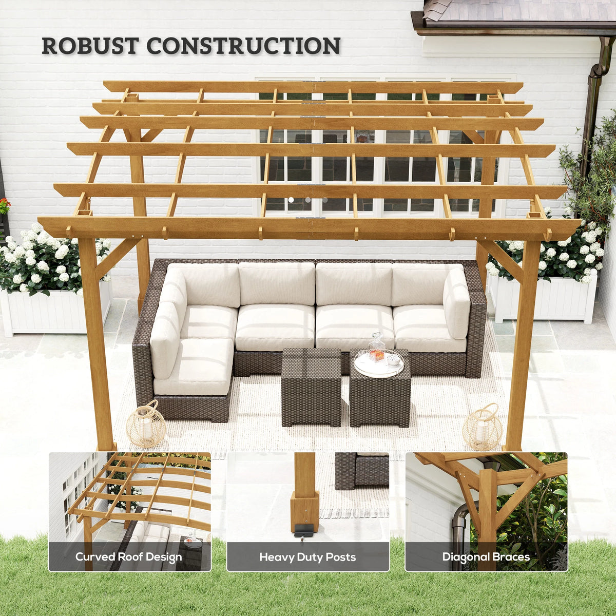 Outsunny 10' x 12' Outdoor Pergola, Wood Gazebo Grape Trellis with Arched Roof, Stable Structure for Climbing Plant Support, Dark Brown