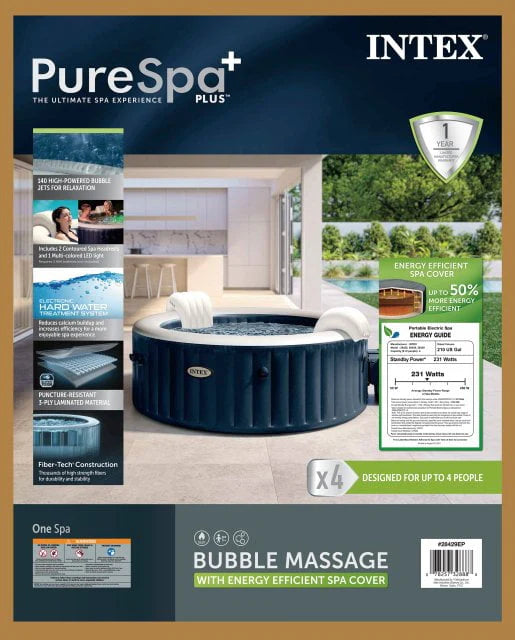 INTEX PureSpa Plus Bubble Inflatable Hot Tub Set - 4 Person Spa with Energy Efficient Spa Cover