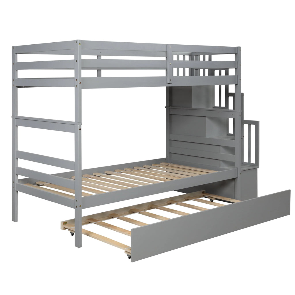 Bellemave Twin over Twin Stairway Bunk Bed with Trundle Wooden Bunk Bed Frame with Guardrails and Staircase, Twin Size Bunk Bed with Storage Stairs for Kids, Teens, Gray