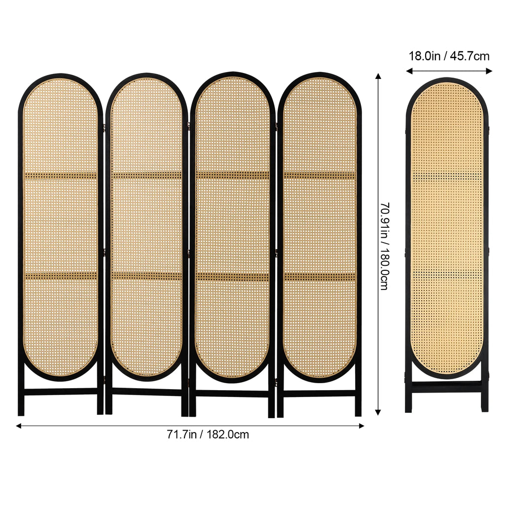 KFFKFF Quadruple Panel Space Separator, Artisan-Crafted Rattan Foldable Privacy Barriers with Connectors, Movable Space Partitions, Timber Independent Room Splitter for Sleeping Quarters, Cocoa