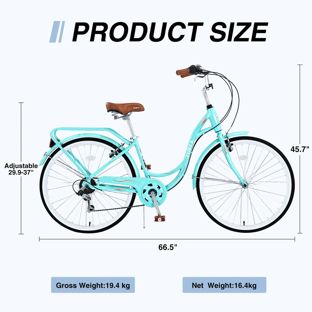 26 Inch Women's Bike, Adult Cruiser Bicycle Shimano 7 Speed Steel Frame City Commuter Bike for Ladies, Green