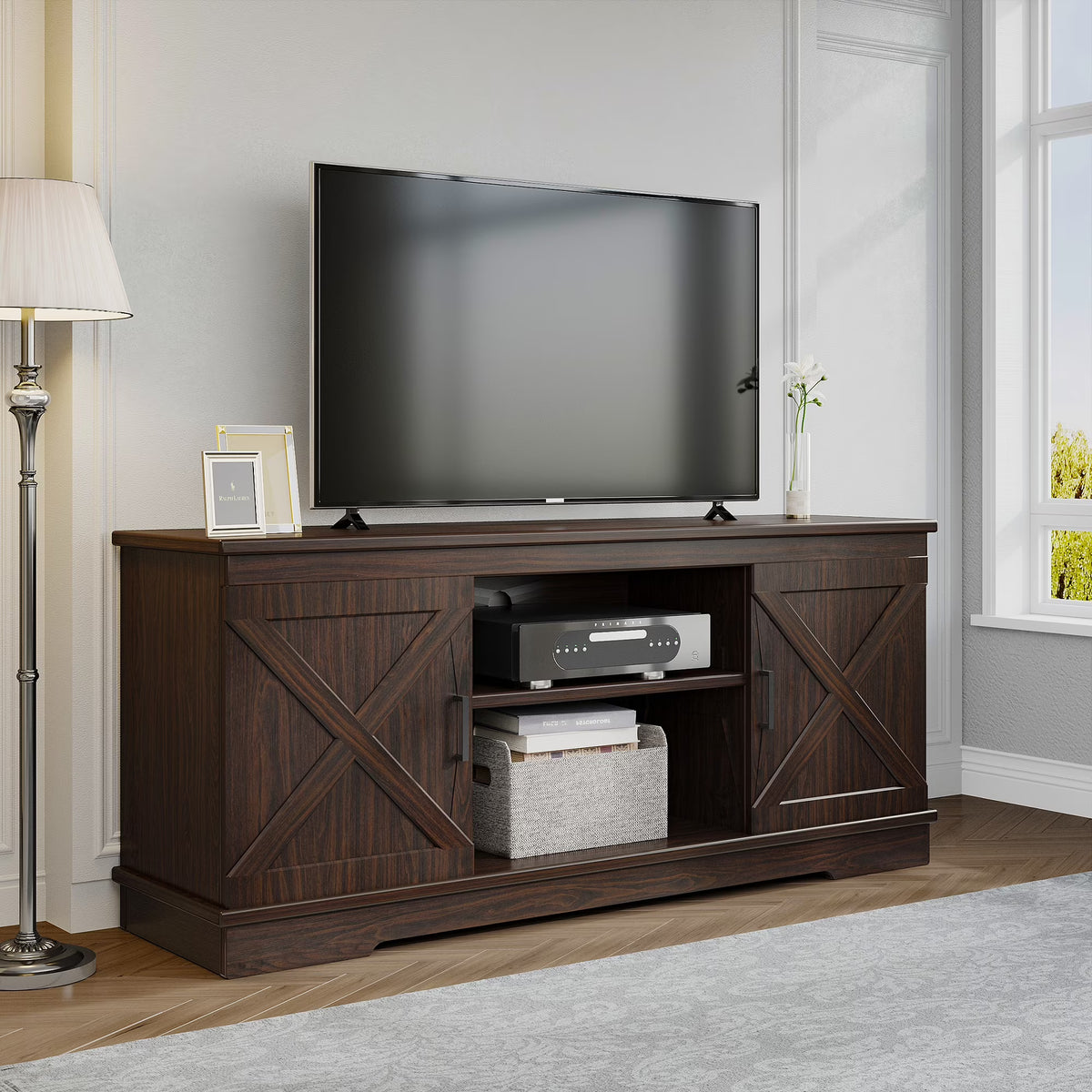 Dextrus Farmhouse TV Stand for 65 inch TV, Entertainment Center for Living Room, TV Media Console Cabinet, Grey Wash
