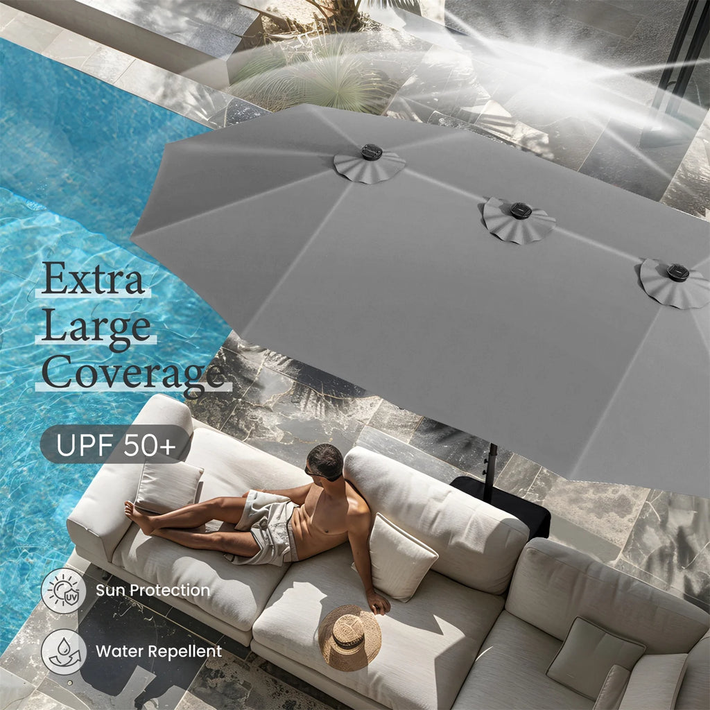 Summit Living 15 FT Double-Sided Solar Patio Umbrella with Base Large Outdoor Umbrella with LED Solar Lights - Haze Blue