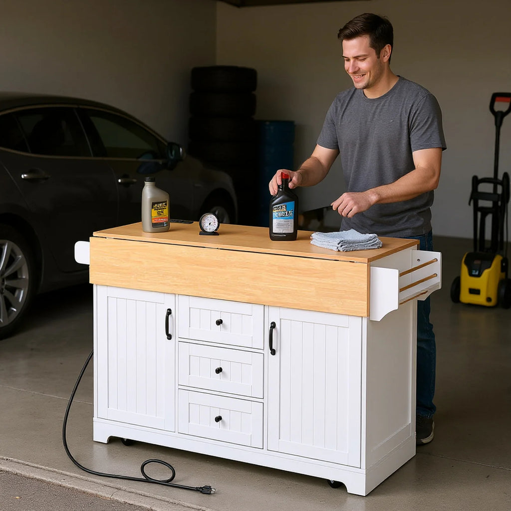 Homy Casa Rolling Large Garage Storage Cabinet with Dual Drop Leaves, Power Outlets for Office Gym, School