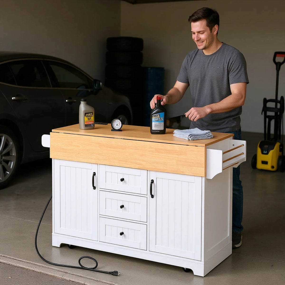 Homy Casa Rolling Large Garage Storage Cabinet with Dual Drop Leaves, Power Outlets for Office Gym, School