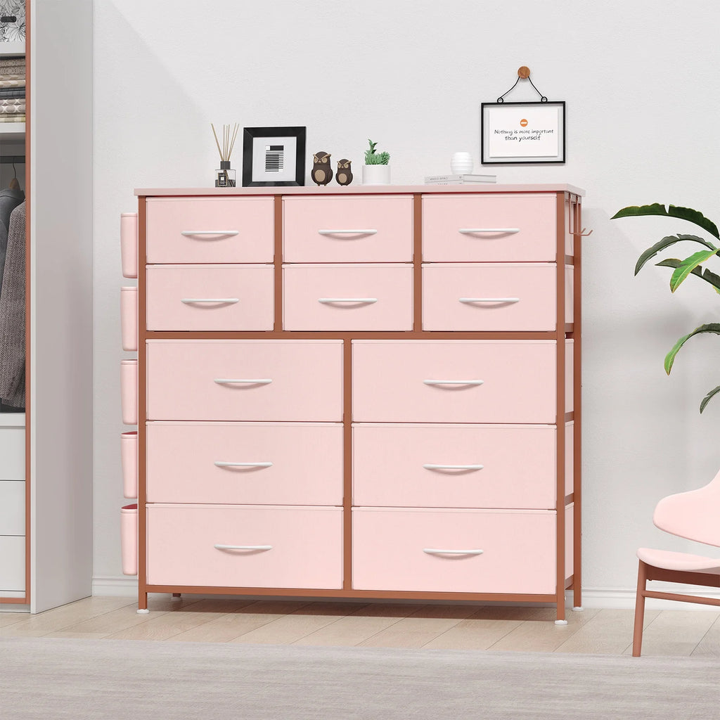 KATIDAP Dresser for Bedroom with 12 Drawer, Dressers & Chests of Drawers for Hallway, Entryway, Storage Organizer Unit with Fabric, Sturdy Metal Frame, Wood Tabletop, Easy Pull Handle,Pink