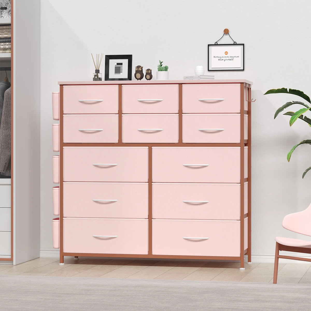 KATIDAP Dresser for Bedroom with 12 Drawer, Dressers & Chests of Drawers for Hallway, Entryway, Storage Organizer Unit with Fabric, Sturdy Metal Frame, Wood Tabletop, Easy Pull Handle,Pink