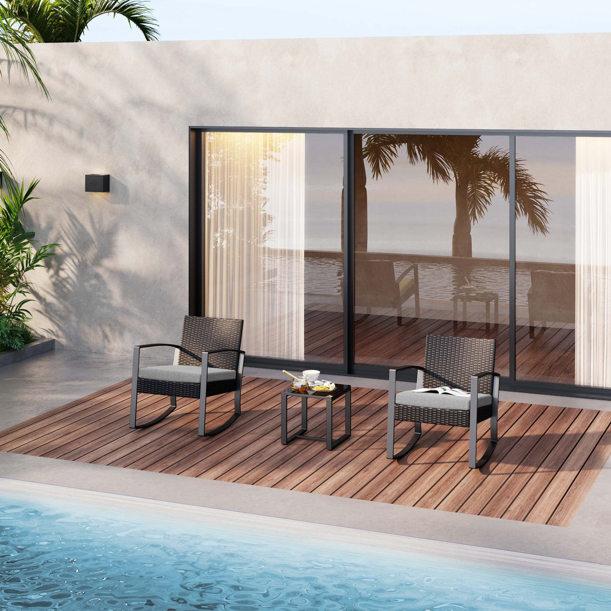 3 Pieces Wicker Patio Set Outdoor Chair Set with Glass Table Rattan Chair Modern Bistro Set for Porches and Patios, Grey Cushion