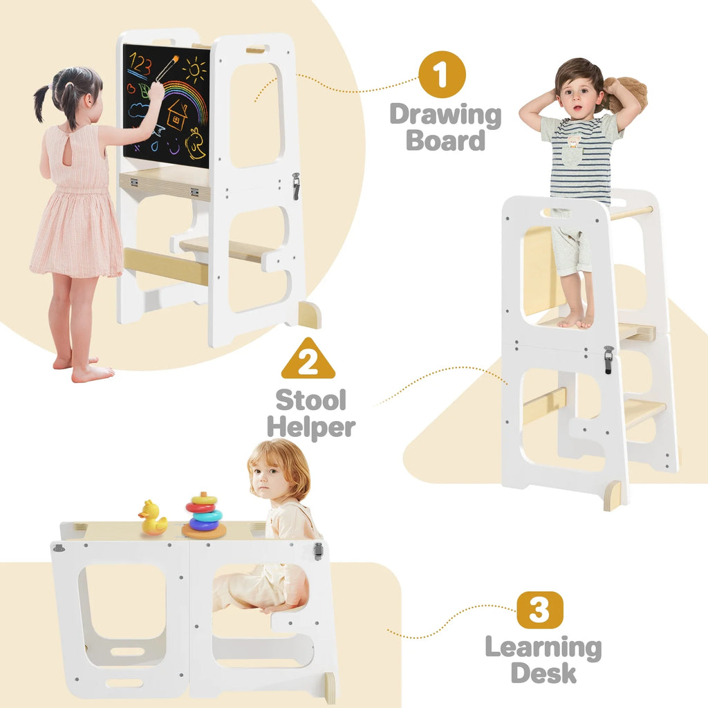 JOZ Kitchen Toddlers Step Stool, Montessori Kids Learning Stool, Foldable Toddler Tower for Counter, Standing Helper for Children, 3 Adjustable Heights, Wooden, White