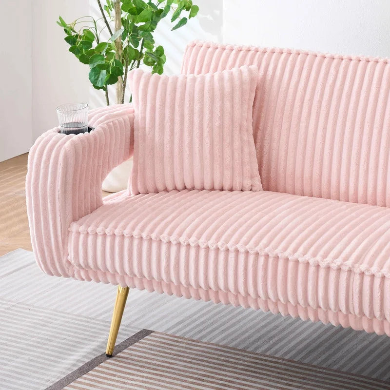 FFH Modern Corduroy Futon Sofa Bed with Adjustable Backrest,Convertible Loveseat Sleeper,Soft Couch with Drop-Down Table and Cup Holder for Living room,Pink