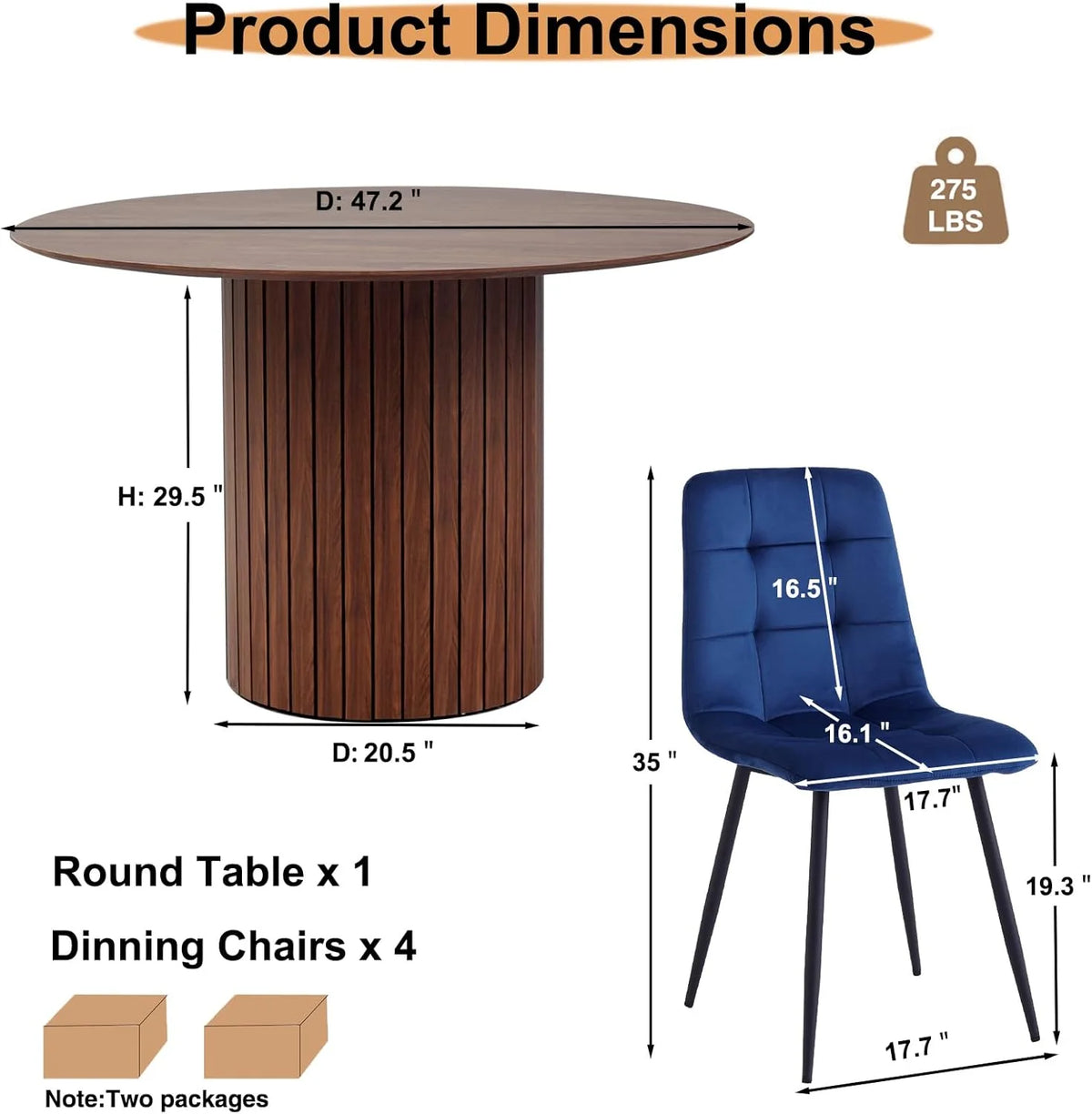 5 Piece Round Dining Table Set - Mid-Century 47 inch Oak Dining Table with 4 Brown Faux Leather Chairs Set, Dinner Table & Chair with Metal Legs for Kitchen Dining Room, Apartment, Bedroom