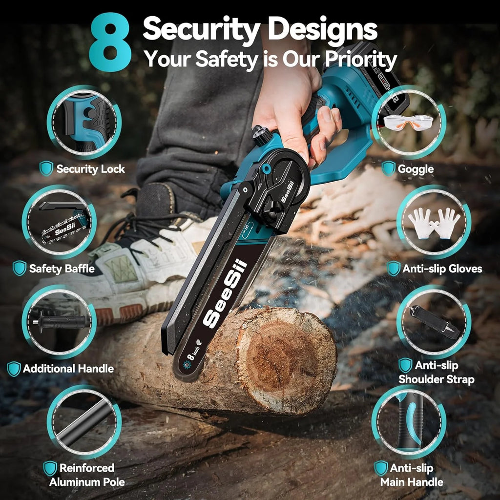 Seesii 2-in-1 Cordless Pole Saw, 8 Inch Brushless Mini Chainsaw with Extension Pole, 16ft Max Pole Saws with 2x 21V Batteries for Tree Trimming, Branches Pruning, Wood Cutting