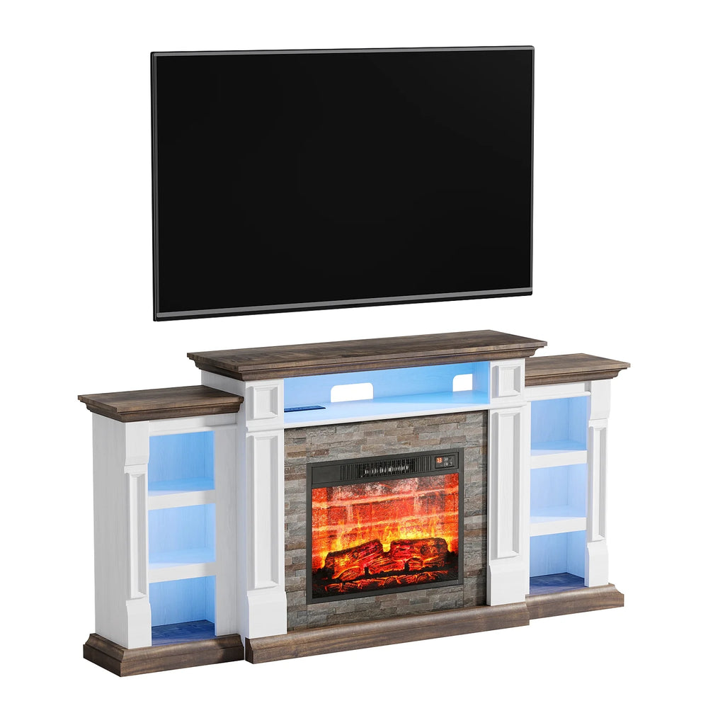 Holliwill 72" TV Stand for TVs up to 80" with Charging Station & LED Light, Electric Fireplace with Mantel, Entertainment Center with 23" Electric Heater, White Brown