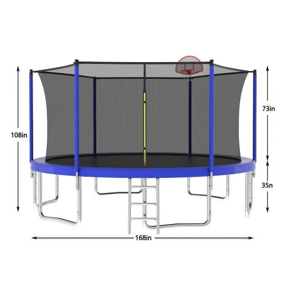14FT Trampoline for Kids and Adults,Outdoor Large Recreational Trampoline with Ladder and Basketball Hoop,Blue