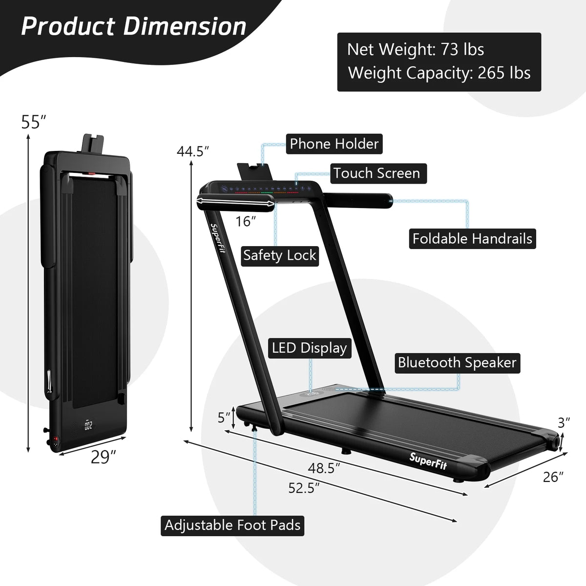 SuperFit Up To 7.5MPH 2.25HP 2 in 1 Dual Display Screen Treadmill Jogging Machine W/APP Control Silver