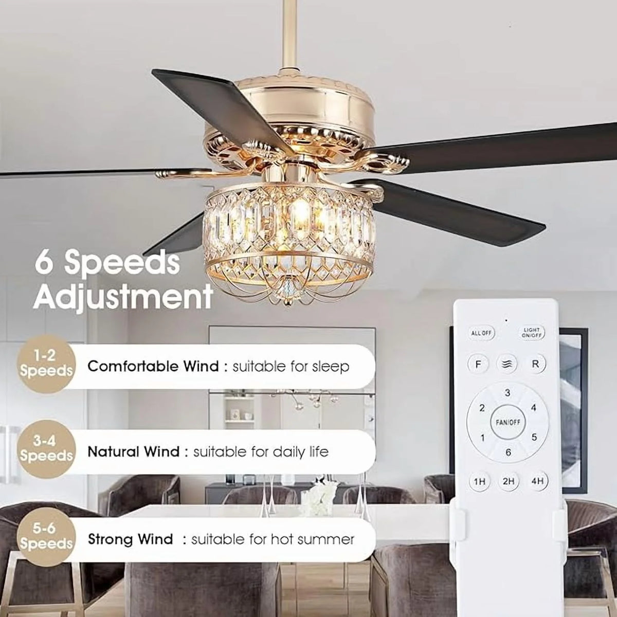 Kviflon 52" Farmhouse Ceiling Fan with Lights & Remote, Crystal Chandelier, Wood Blades, Quiet Motor, 6-Speed, Timer, Modern Lighting for Living Room, Bedroom, Dining Room, Chrome Finish